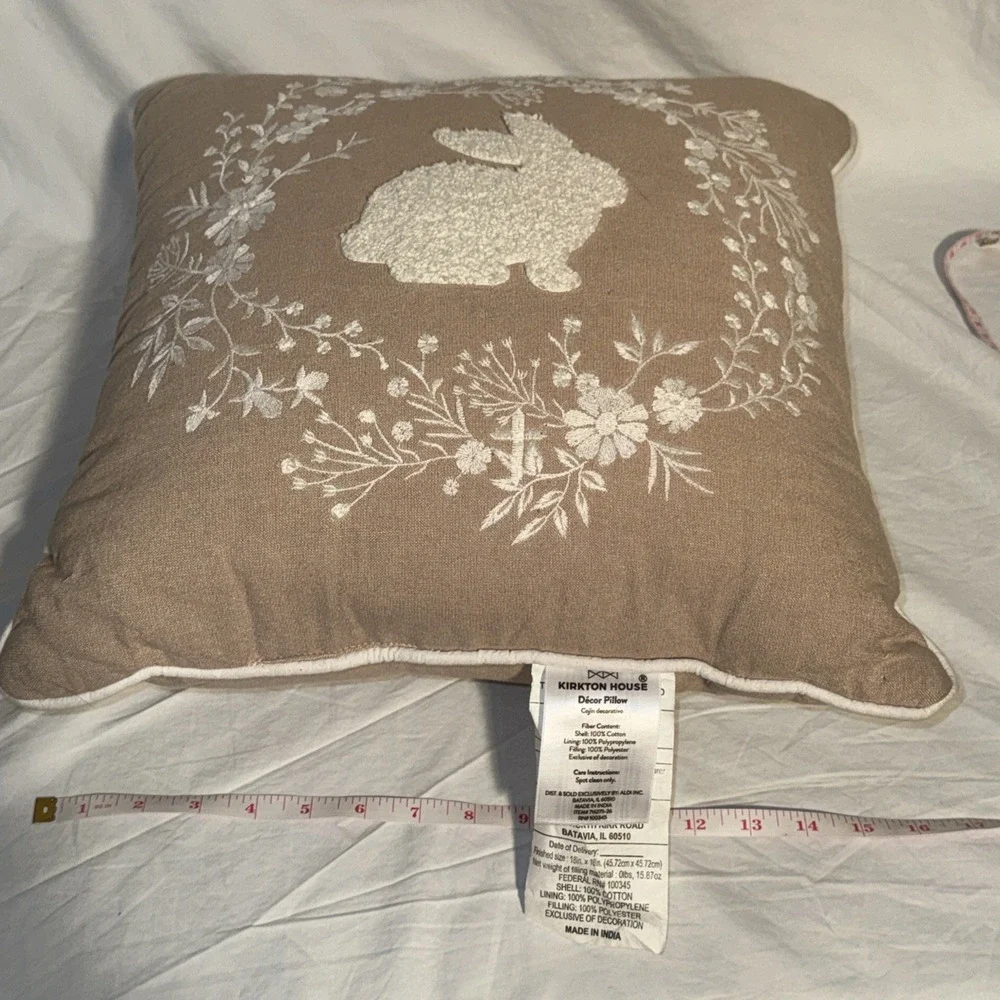 Kirkton House Easter Pillow Beige White Embroidered‎ Bunny & Cross Throw